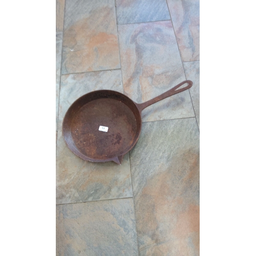 53 - Vintage cast iron skillet with a pour spout, featuring a long handle and a rustic patina.