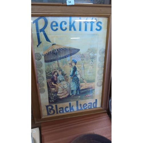 54 - Antique Reckitt's Black Lead advertising poster, framed. Features Victorian-era illustration of wome... 