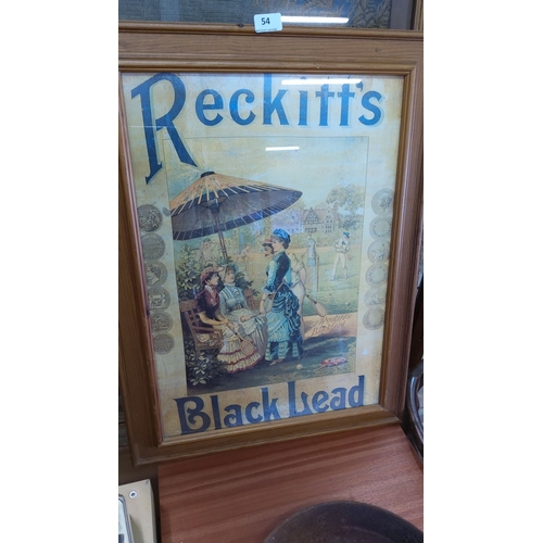 54 - Antique Reckitt's Black Lead advertising poster, framed. Features Victorian-era illustration of wome... 