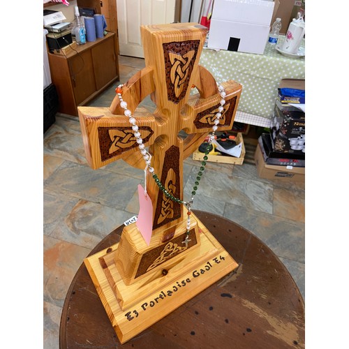 156A - Intricately Carved Large Wooden Prison Art Celtic Cross (1970s Portlaoise Gaol adorned with Irish Tr... 