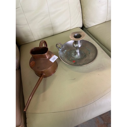 160 - Antique polished copper watering can with engraved bottom and Vintage Chamber Stick