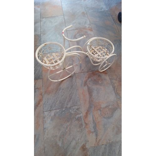 152 - Vintage white wrought iron bicycle plant stand with two basket holders, from the mid-20th century. F... 