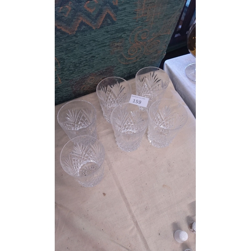 159 - Set of six cut crystal Tyrone whiskey tumblers with intricate starburst patterns.