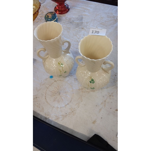 170 - Pair of cream-colored ceramic vases with hand-painted shamrock motifs and embossed detailing. Mark o... 