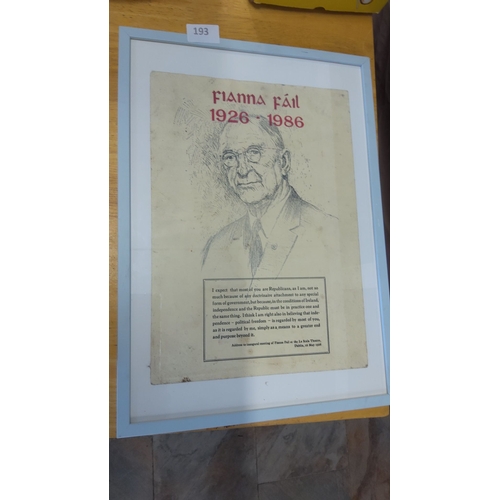 193 - Original Framed print commemorating Fianna Fáil, 1926-1986. Features a portrait and historical addre... 