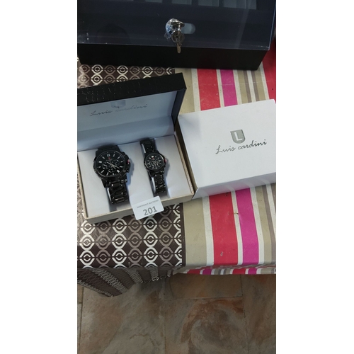 201 - Luis Cardini black wristwatch set, presented in original branded box. Features sleek design with lum... 