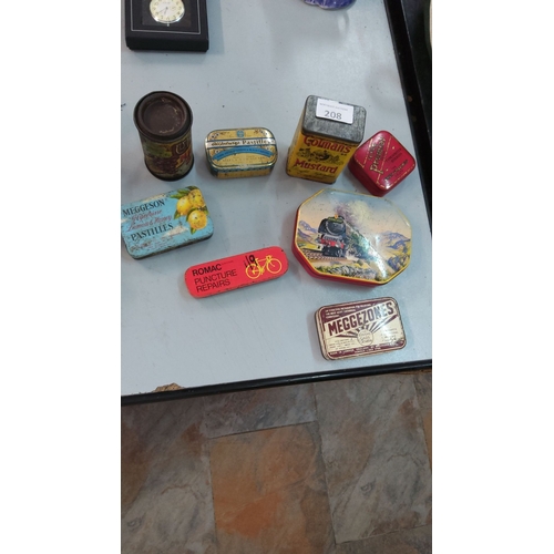 208 - Collection of eight vintage tins, including Meggezon's Pastilles, Colman's Mustard, ROMAC Puncture R... 