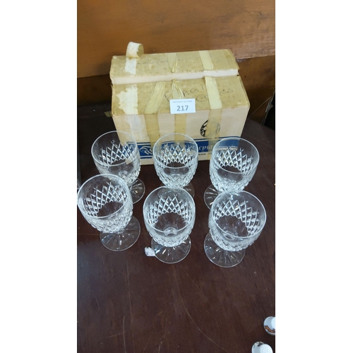 217 - Set of six vintage Waterford crystal claret glasses with diamond-cut pattern, in original packaging.