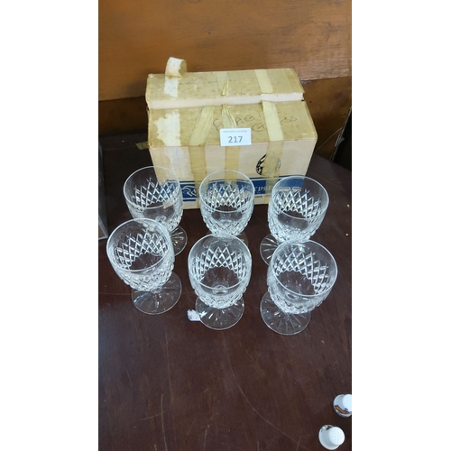 217 - Set of six vintage Waterford crystal claret glasses with diamond-cut pattern, in original packaging.