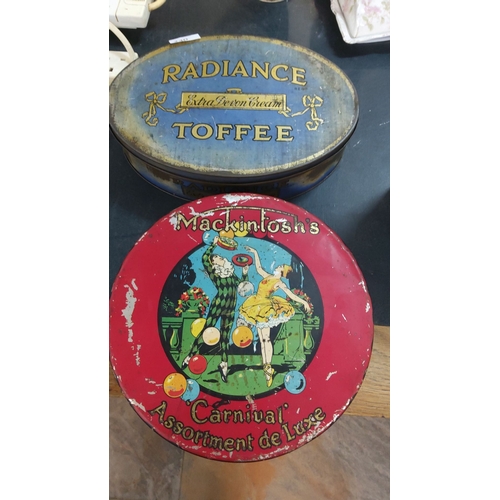 230 - Pair of large vintage toffee tins comprising 'Radiance Toffee' and 'Mackintosh's Carnival Assortment... 