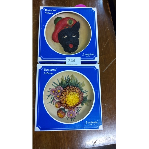 244 - Pair of Bossons Artware Handpainted Wall Plaques. Includes a black dog with a red beret and a floral... 