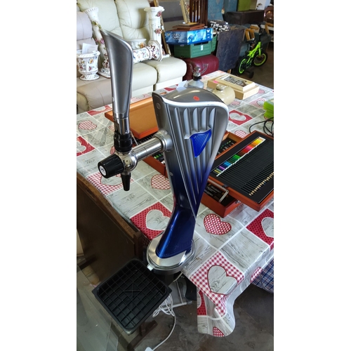 255 - Modern Harp beer tap with chrome dispenser, featuring a sleek blue and silver design.