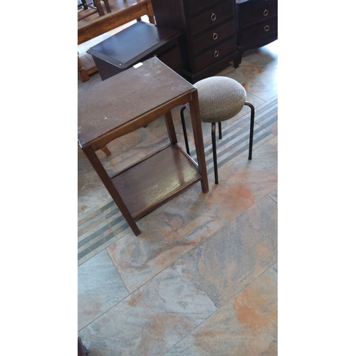 275 - Wooden side table with lower shelf, round stool with metal legs, and upholstered seat.