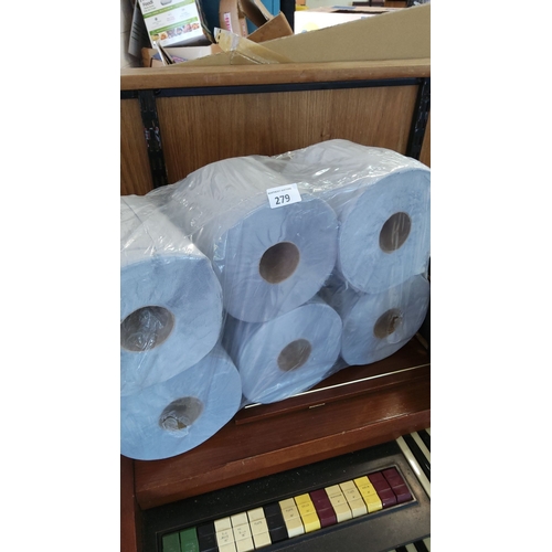 279 - Pack of six large blue rolls, wrapped in plastic.