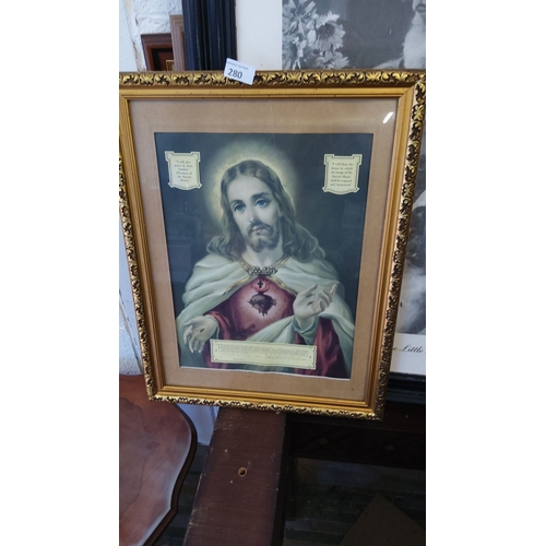 280 - Framed religious print of the Sacred Heart of Jesus with gold-accented frame, featuring detailed ima... 