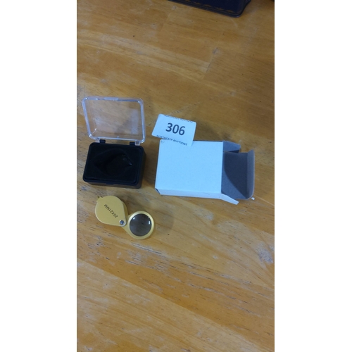 306 - Gold-Plated 20X Jewelers Loupe with Original Box and Protective Case.