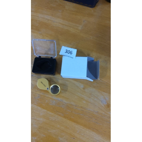 306 - Gold-Plated 20X Jewelers Loupe with Original Box and Protective Case.