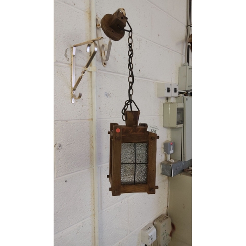 326 - Vintage wooden hanging lantern with frosted glass panels. Chain and mounting bracket included.