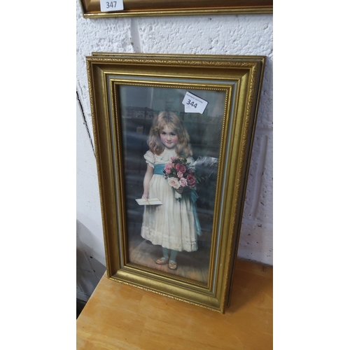 344 - Framed print of a young girl holding flowers, dressed in a white and blue outfit, set in an ornate g... 