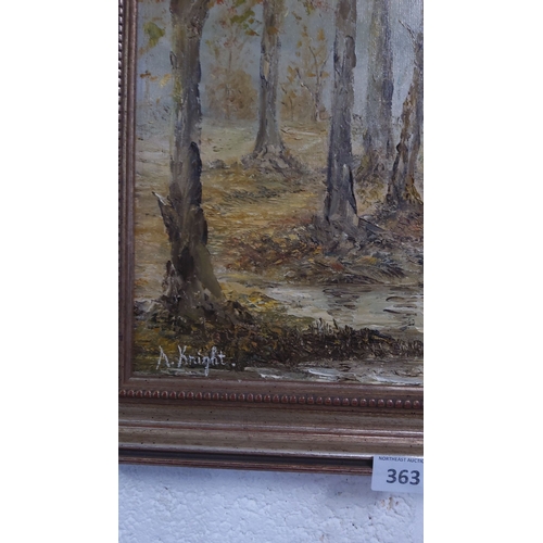 363 - Oil on canvas landscape painting by A. Knight, featuring a serene forest scene with a winding stream... 