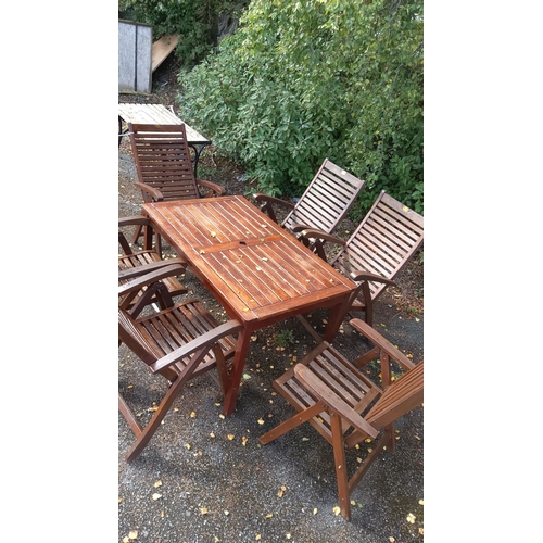 403 - Teak wood garden set includes one rectangular table and 5 matching chairs +1 with a classic slatted ... 