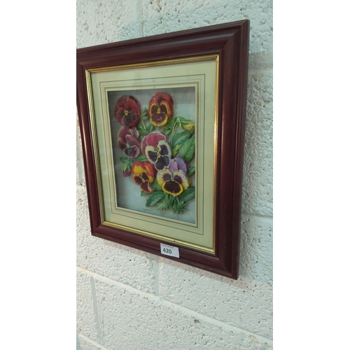 420 - Framed floral artwork features vibrant pansies, set in a dual-toned mat with a rich wooden frame wit... 