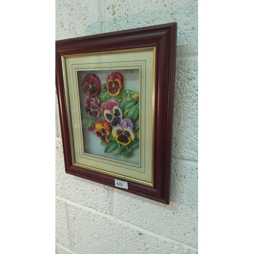 420 - Framed floral artwork features vibrant pansies, set in a dual-toned mat with a rich wooden frame wit... 