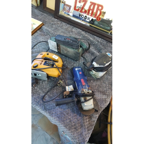 427 - Collection of four power tools including a Bosch GHO 15-82 planer, Einhell BPS 520 E jigsaw, a blue ... 