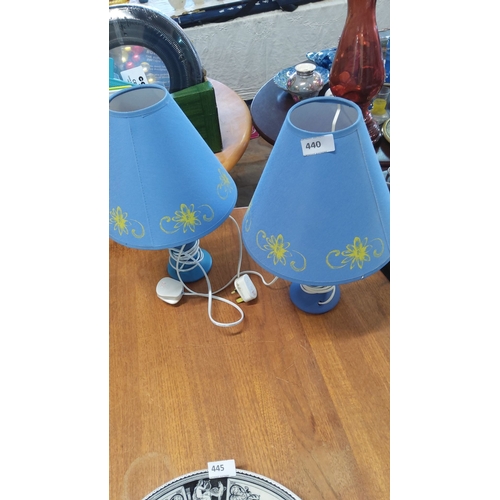 440 - Pair of blue table lamps with floral design on shades