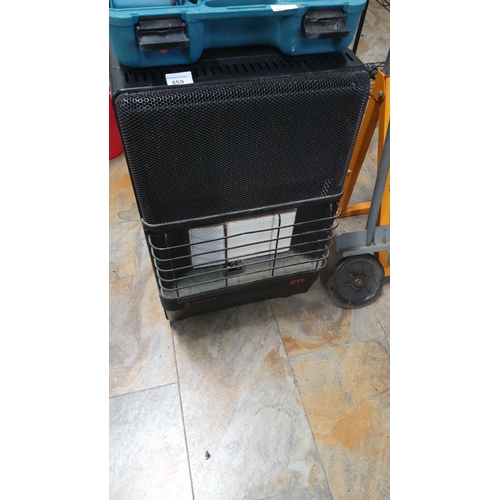 459 - Portable gas heater, model GTI Superser, with black mesh guard and a castor base for easy maneuverab... 