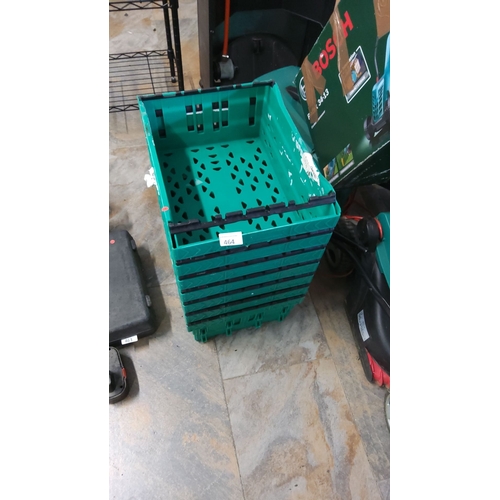 464 - Set of six small green plastic storage crates.