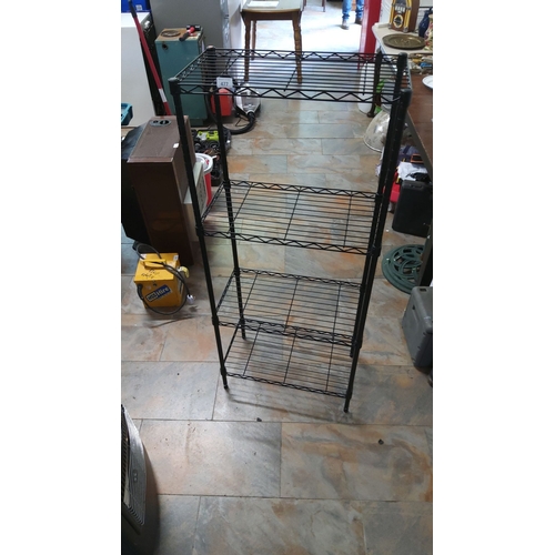 477 - Black wire shelving unit with four shelves.