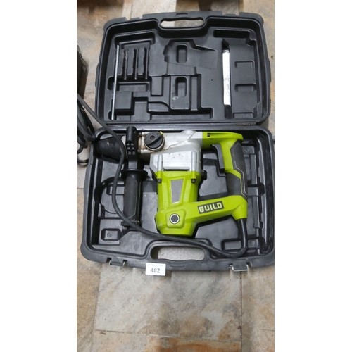 482 - Electric drill set in carrying case with assorted bits. Features a lime-green and black handled elec... 