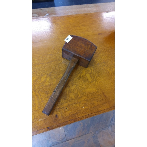 59 - Vintage elm wood mallet with a sturdy handle and a rectangular head