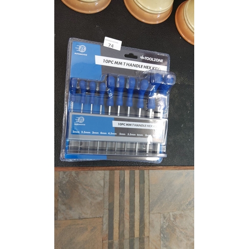 74 - Toolzone 10pc MM T Handle Hex Key Set, sizes 2mm to 10mm, in original packaging.