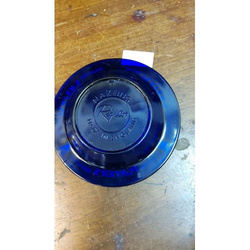 98 - Nazeing blue glass ashtray, branded 