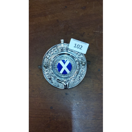 102 - Scottish Automobile Club badge features a blue-and-white saltire, detailed silver-plated wreath, and... 