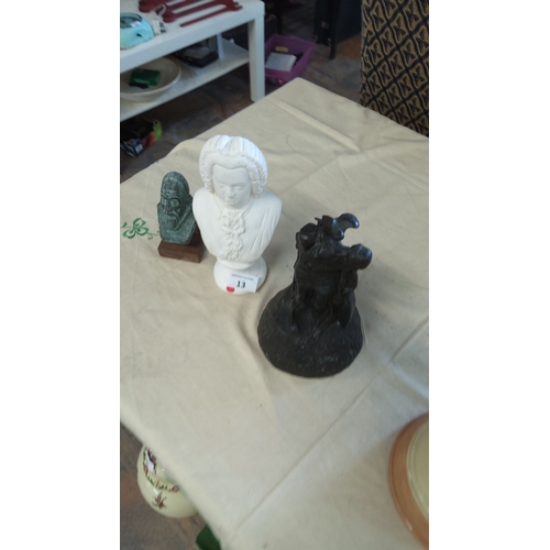 13 - Mixed lot of three sculptures: a white plaster bust, a small greenish bust on a wooden base, and Cuc... 