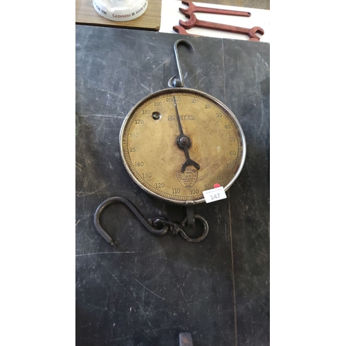 147 - Vintage Salter brass spring balance scale, max capacity 200 lbs, Model No. 235T. Antique weighing in... 