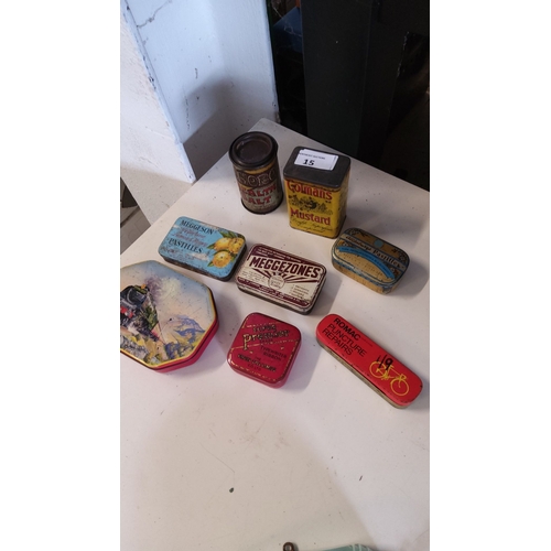 15 - Collection of 8 vintage tins, including Colman's Mustard, Noro Health Salt, Romac Puncture Repairs, ... 