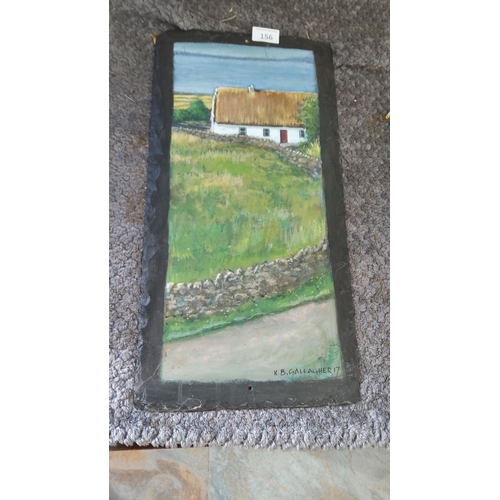 156 - Oil painting on slate depicting a rural thatched cottage and green landscape. Signed 