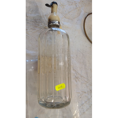 165 - Grattans Belfast Vintage glass soda siphon with etched design, metal and bone-tone top, featuring a ... 