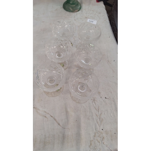 169 - Set of six Waterford crystal-cut glass bowls with intricate lattice pattern design.