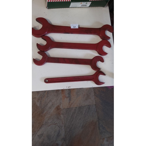 17 - Set of four red-painted open-end wrenches, stamped 