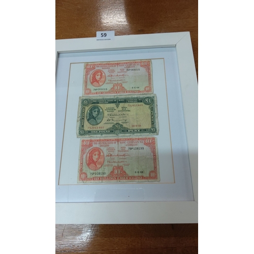 59 - Framed lot of three Irish banknotes: two 10 Shilling notes from 1968 and one £1 note from 1972, issu... 