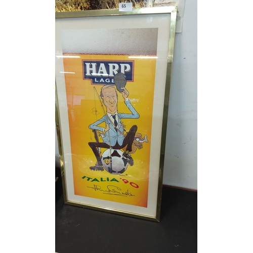 65 - Framed Jack Charlton original caricature poster of Harp Lager featuring Italia '90, signed.