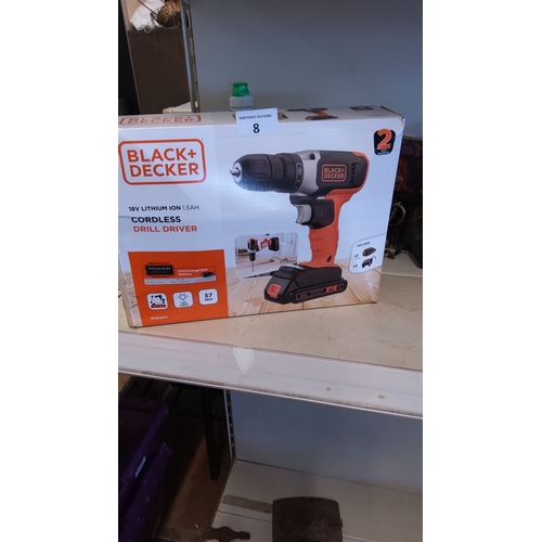 8 - Black+Decker 18V Lithium Ion 1.5Ah Cordless Drill Driver, model BCD001C1, includes charger and batte... 