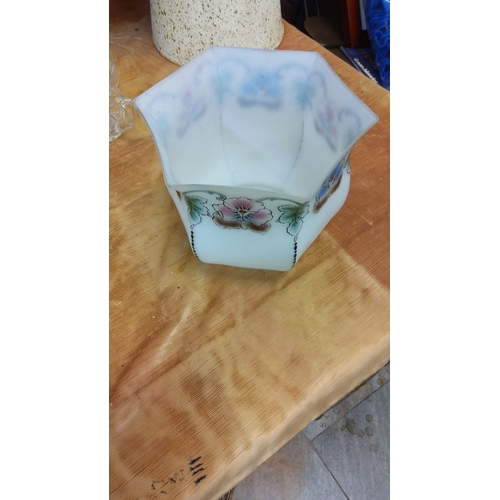 84 - Milk glass vase from the Victorian era, hand-painted with floral motifs and featuring a hexagonal sh... 