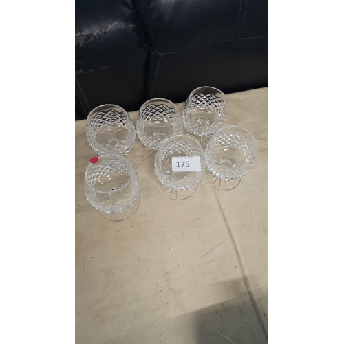 175 - Set of six cut Tyrone crystal brandy glasses with intricate diamond pattern design.