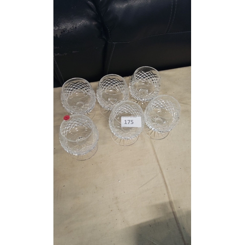 175 - Set of six cut Tyrone crystal brandy glasses with intricate diamond pattern design.